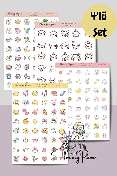 Flowery Paper Mini Sticker 4'lü Sticker Sayfası Model 4 - Defter ,ajanda , Jo...