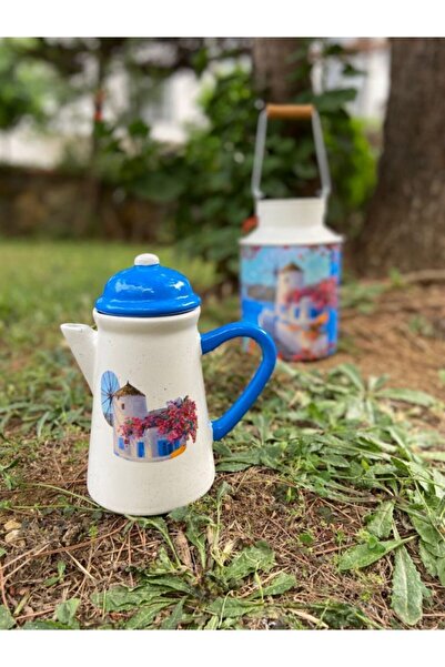 Handmadesign Kapaklı El Yapımı Seramik Sürahi Alaçatı - Beyaz Mavi Yaz Değirm...