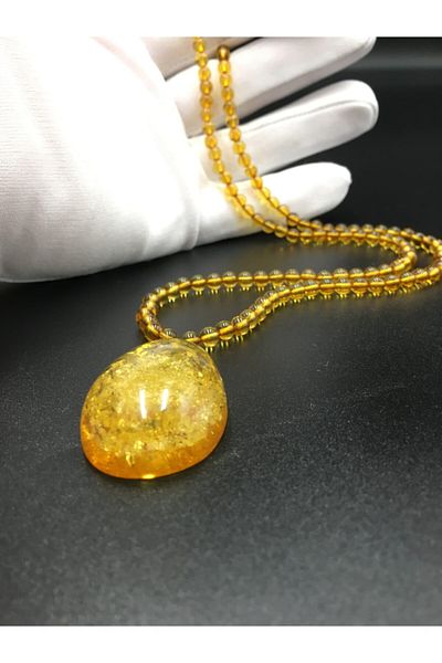 İpek Kehribar Lemon Color Certified Pendant Baltic Drop Amber Necklace Unisex Globe Cut