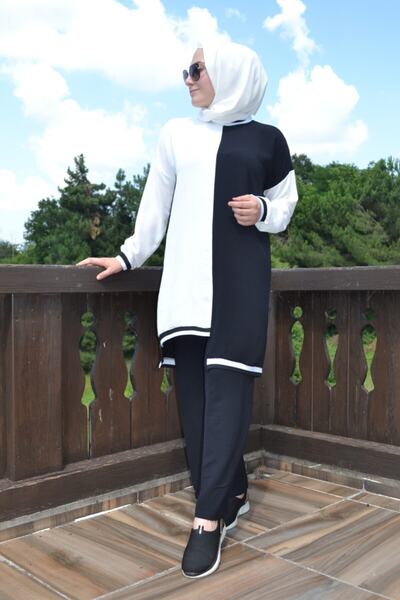 AYSUN AYDEMİR Set 2 piese Hijab cu croială asimetrică alb-negru cu pantaloni ...