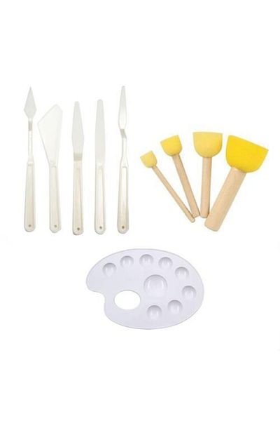Hobialem Set of 3, Plastic Spatula, Pom Pom Brush and Palette, Auxiliary Set, Hobby Work, Acrylic Paint