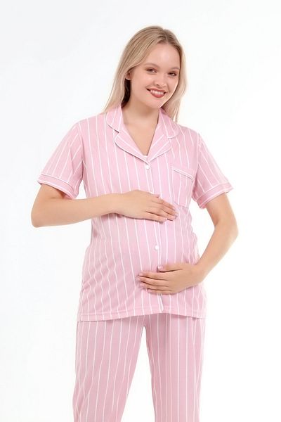 LİKAPA Combed Cotton Front Buttoned Maternity Maternity Short Sleeve Pajama Set