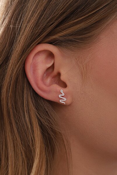 Bilsen Store 925 Ayar Gümüş Beyaz Taşlı Yılan Model Küpe