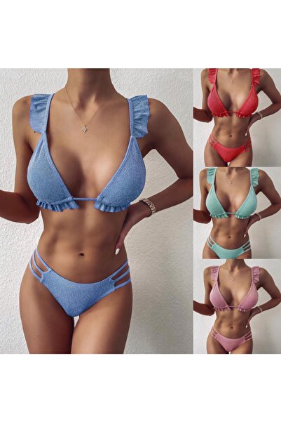 Vie Swimwear Mare Fırfırlı Pencere Detaylı Bikini Takımı Mavi