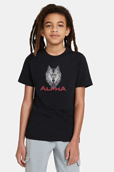 QIVI Unisex dečji crni vuk alfa Štampano T-shirt