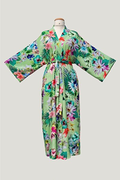 Yeşil Çiçek Desenli Kuşaklı Kimono Sabahlık