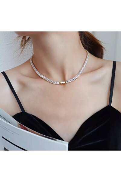 FEY AKSESUAR Kadın Gold Zirkon Baget Taşlı Su Yolu Choker Kolye