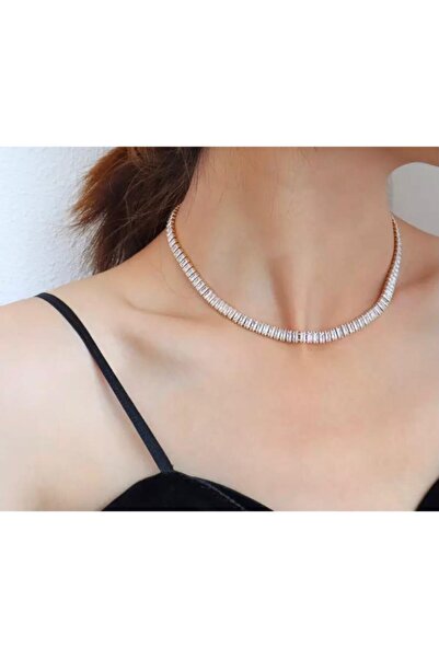 FEY AKSESUAR Kadın Gold Zirkon Baget Taşlı Su Yolu Choker Kolye