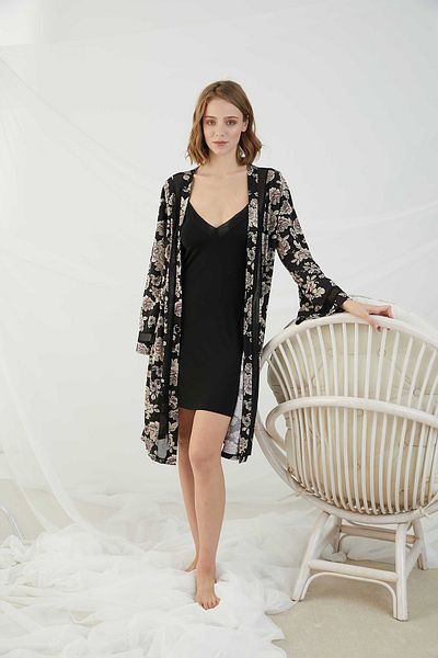 Sevim Γυναικείο Μαύρο Floral Νυχτικό Σετ Peignoir