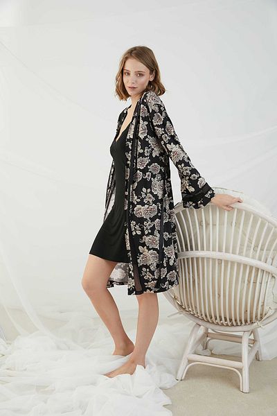 Sevim Γυναικείο Μαύρο Floral Νυχτικό Σετ Peignoir