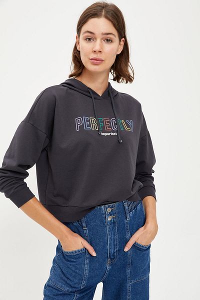 DeFacto Slogan Patterned Regular Fit Hooded Long Sleeve Sweatshirt
