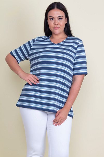 Şans Women's Large Size Blue Cotton Fabric V-Neck Striped Blouse 65n26746