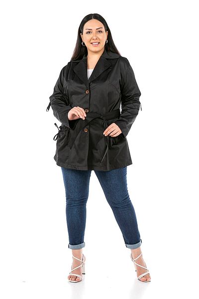 DISENTIS MODEST Black Trench Coat with Mono Collar, Folded Sleeves and Drawstring Detail
