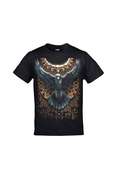 Orijin Tekstil Μαύρο μπλουζάκι Unisex με στάμπα Skull Eagle