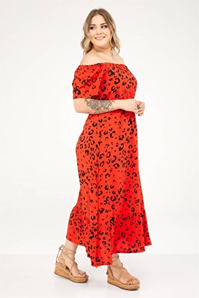 Seamoda Long Dress with Elastic Collar and Frilly Hem-red