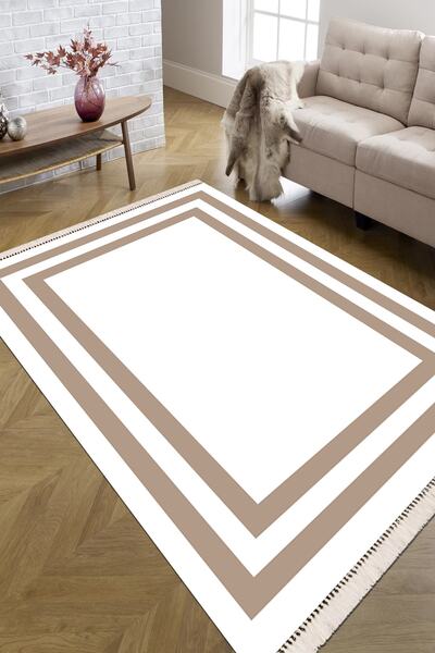 Modern home Modern Çerçeve Detaylı Püsküllü Dijital Baskı Kaymaz Taban Antiba...