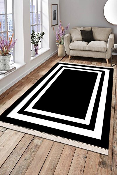 Modern home Modern Çerçeve Detaylı Püsküllü Dijital Baskı Kaymaz Taban Antiba...