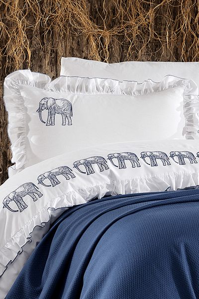Minelya Home Collection Комплект завивка от 5 части, памучно покривало за легло с мотив на слон и волани, син цвят Amazon