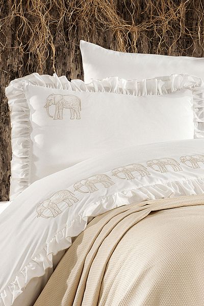 Minelya Home Collection Σετ μονό μπεζ παπλωματοθήκη Amazon με 5 τεμάχια βαμβακερά, κάλυμμα κρεβατιού με πικέ, σχέδιο ελέφαντα και βολάν