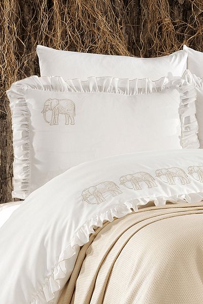 Minelya Home Collection Σετ κρεβατιού Amazon διπλό βαμβακερό μπεζ με μοτίβο ελέφαντα 7 τεμαχίων, βολάν και κάλυμμα πικέ