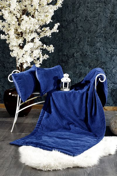 Minelya Home Collection Комплект от 3 кадифени пътеки за легло и калъфка за възглавница с диаманти, тъмносин