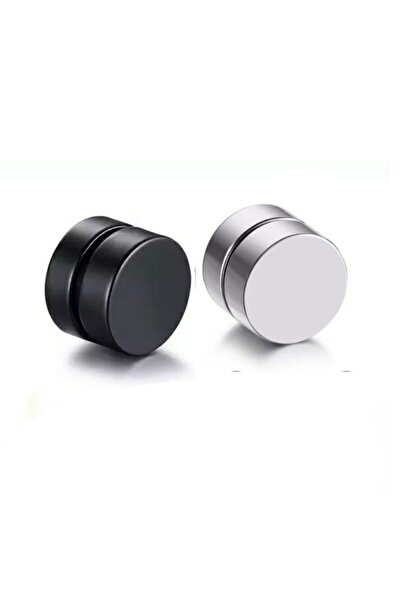 TakıConcept 2 Adet Set Siyah Gümüş Düz Yuvarlak Mıknatıslı Erkek Küpe 8mm Mıknatıs Çelik Manyetik