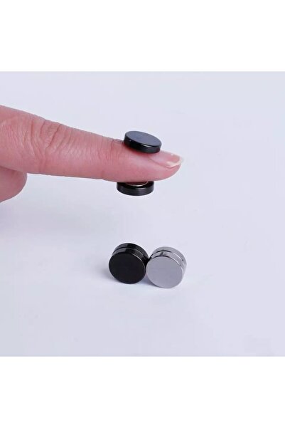 TakıConcept 2 Adet Set Siyah Gümüş Düz Yuvarlak Mıknatıslı Erkek Küpe 8mm Mıknatıs Çelik Manyetik