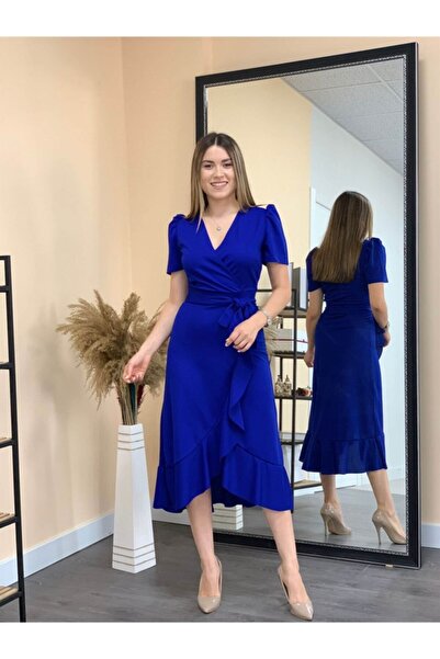 giyimmasalı Crep Kumaş Midi Elbise - Saks Mavisi