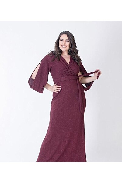 Arin Bayan Büyük Beden Beli Bağcıklı Simli Uzun Elbise 38723 Bordo