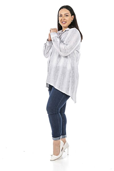 DISENTIS MODEST Large Size Gray Striped Shirt with Asymmetric Cut Button Detail on the Back