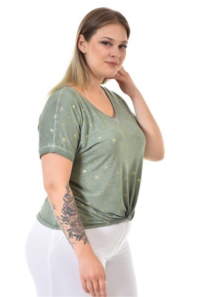 Seamoda V Neck Palm Tree Printed Front Knotted Oil Wash Tshirt Green