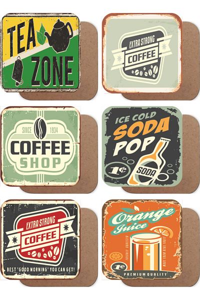Hayat Poster Tea Kitchen Themed Set of 6 Wooden Coasters