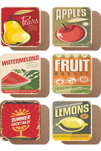 Hayat Poster Fruit Themed Retro Set of 6 Wooden Coasters