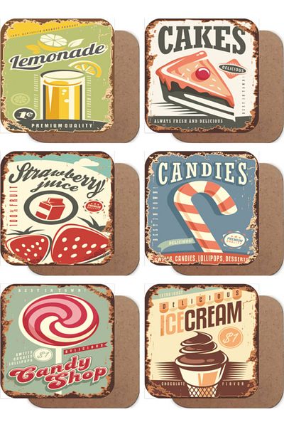 Hayat Poster Food Beverage Candy Themed Retro Set of 6 Wooden Coasters