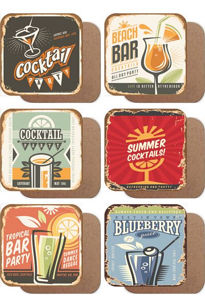 Hayat Poster Cocktail Themed Retro Vintage Set of 6 Wooden Coasters