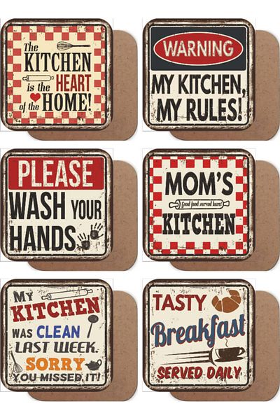 Hayat Poster Kitchen Themed Retro Set of 6 Wooden Coasters
