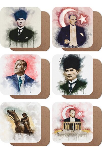 Hayat Poster مجموعة لوحات زيتية لمصطفى كمال أتاتورك مكونة من 6 قواعد أكواب خشبية