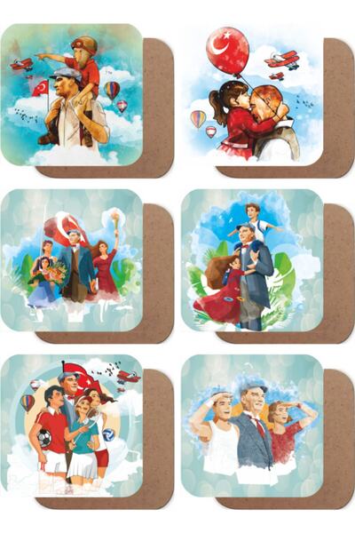 Hayat Poster Ataturk Set of 6 Wooden Coasters for Children