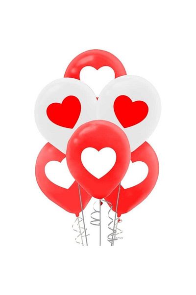 Tuğra Red White Heart Printed Balloon 10 Pieces