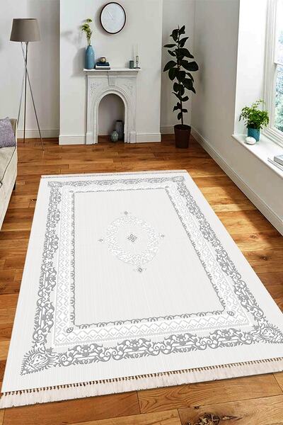 Modern home Klasik Çerçeve Detaylı Püsküllü Dijital Baskı Kaymaz Taban Antiba...