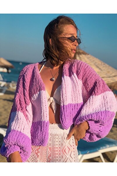 ORGANICMIRA Kadın Pembe Şeritli Oversize Hırka Chunky Ceket Yumuşak Dokulu