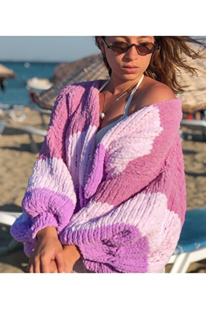 ORGANICMIRA Kadın Pembe Şeritli Oversize Hırka Chunky Ceket Yumuşak Dokulu