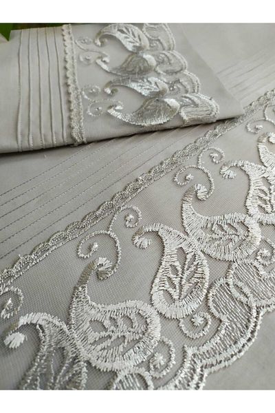 Çeyiz Bahçesi Σετ παπλωματοθήκη Enise French Laced Ribbed Dowry Grey διπλό σετ
