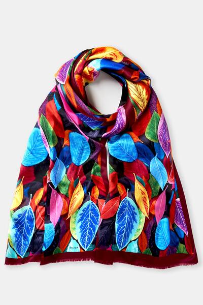 Galiga Leaves Purple %100 Ipek Şal 65*185cm