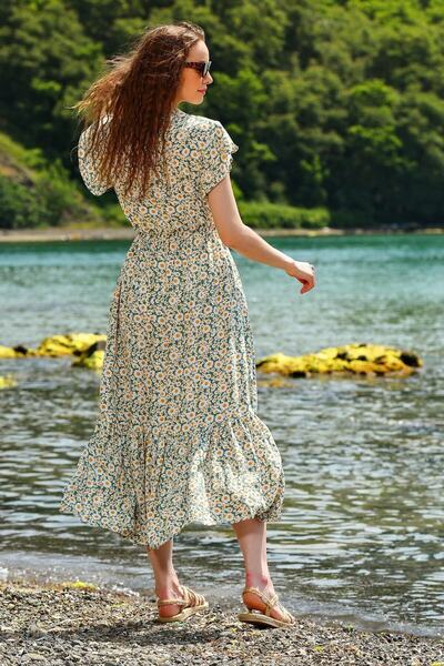 Trend Alaçatı Stili Női menta virágmintás duplasoros maxi ruha ALC-X4373