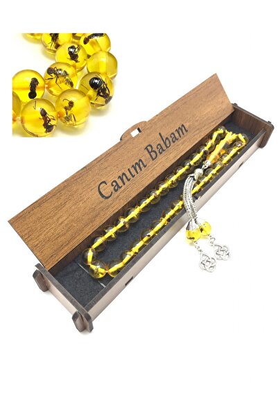 KANUNİ TESBİH Ahşap Kutulu Söz Kombinli Karıncalı Toz Kehribar Tesbih