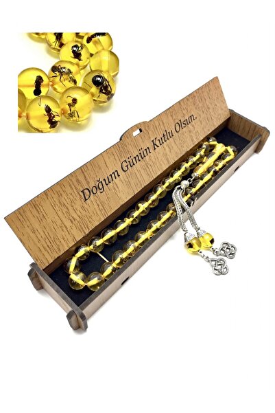 KANUNİ TESBİH Ahşap Kutulu Söz Kombinli Karıncalı Toz Kehribar Tesbih