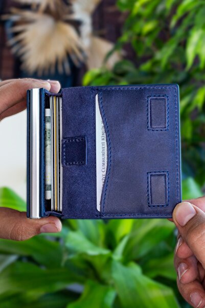 Garbalia Crazy Navy Blue Card Holder Wallet with Genuine Leather Mechanism and Drawstring