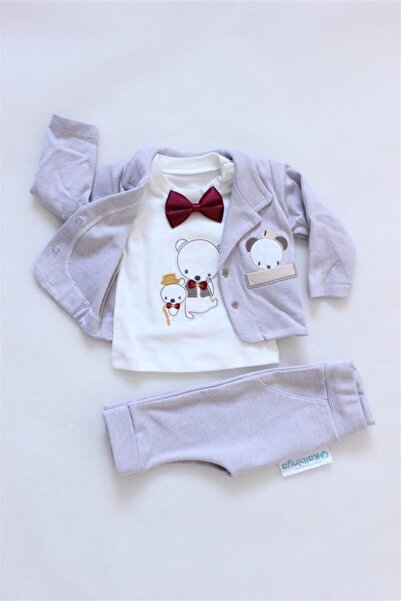 Babyim طقم سترة منقوشة على شكل دمية دب وربطة عنق من 3 قطع كريمي