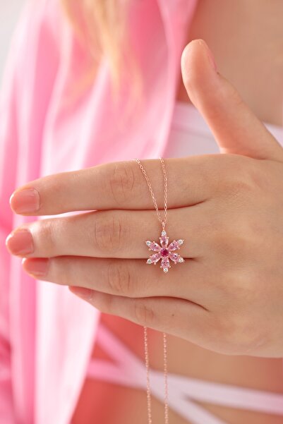 Bilsen Store 925 Ayar Gümüş Zincirli Pembe Ortası Kırmızı Taşlı Rose Kaplama ...